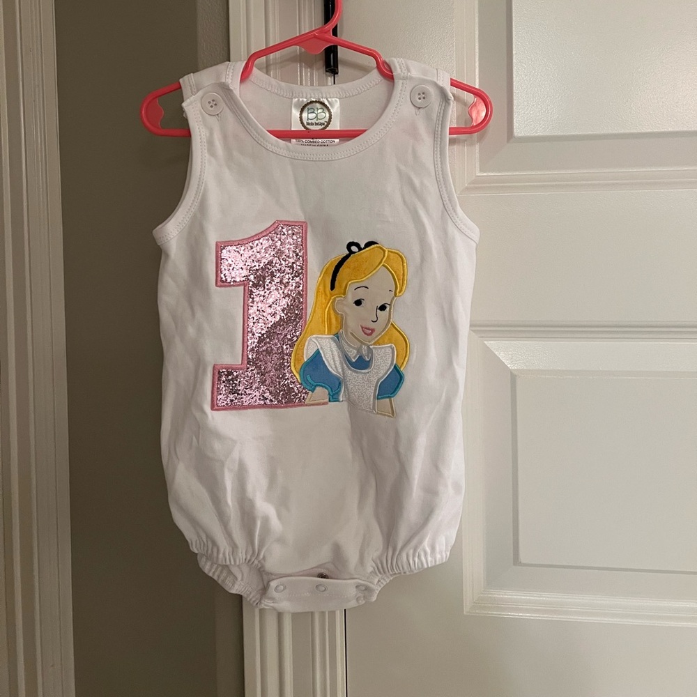 Custom Alice in Onederland embroidered onesie, size 2T